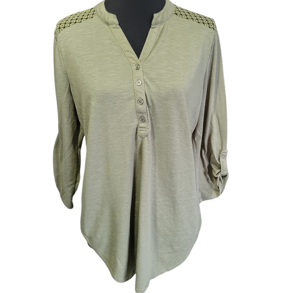 No Boundaries green v-neck button tunic style blouse Size L (11-13)